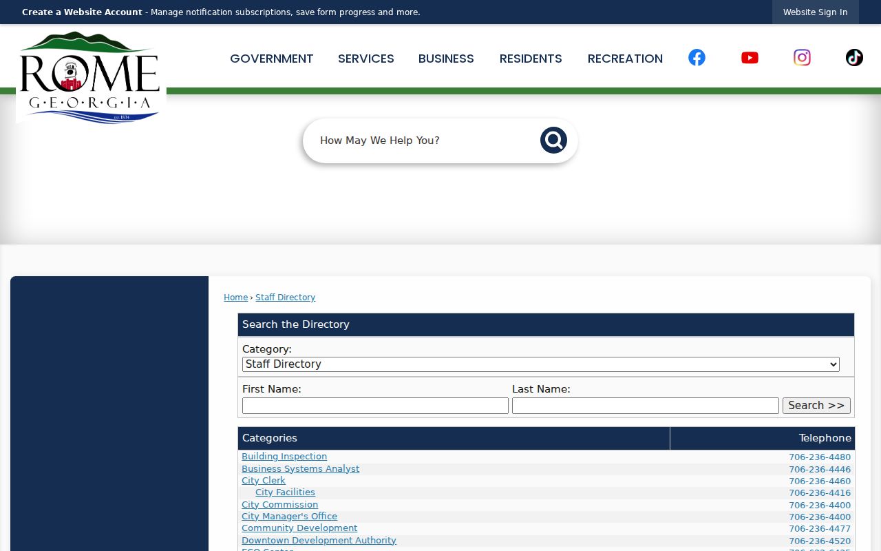 Rome people directories city staff category and name search