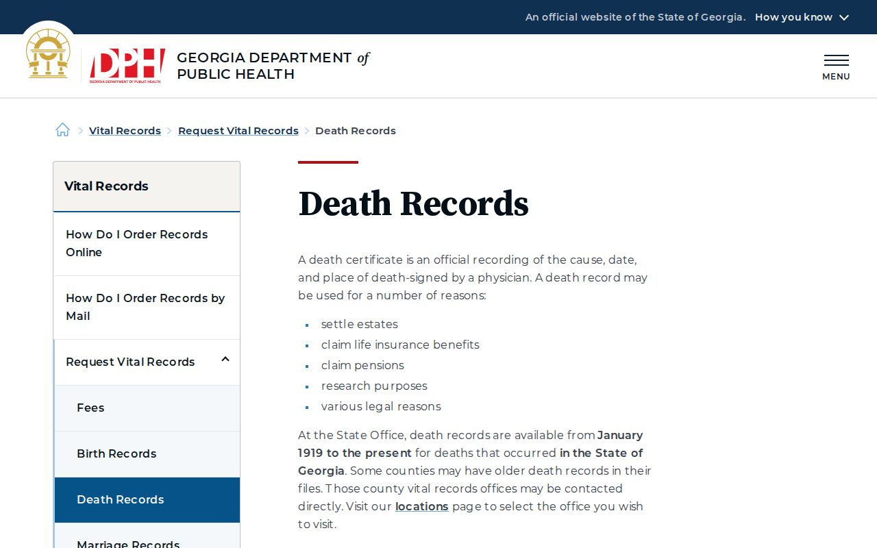 Rome open records death certificate request options from Georgia DPH